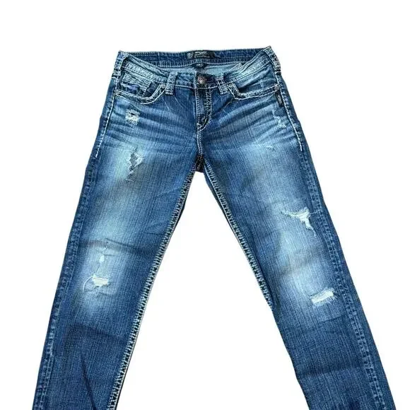 Silver Aiko Cropped Stitched Blue Jeans Women’s 28 Casual Denim Y2K Capri Pants - Picture 4 of 10